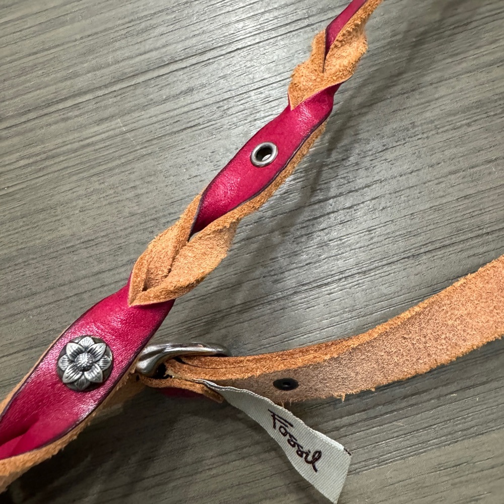 Fossil Pink and Tan Braided Leather Belt with Silver Ring Buckle 40” Long - Picture 3 of 7